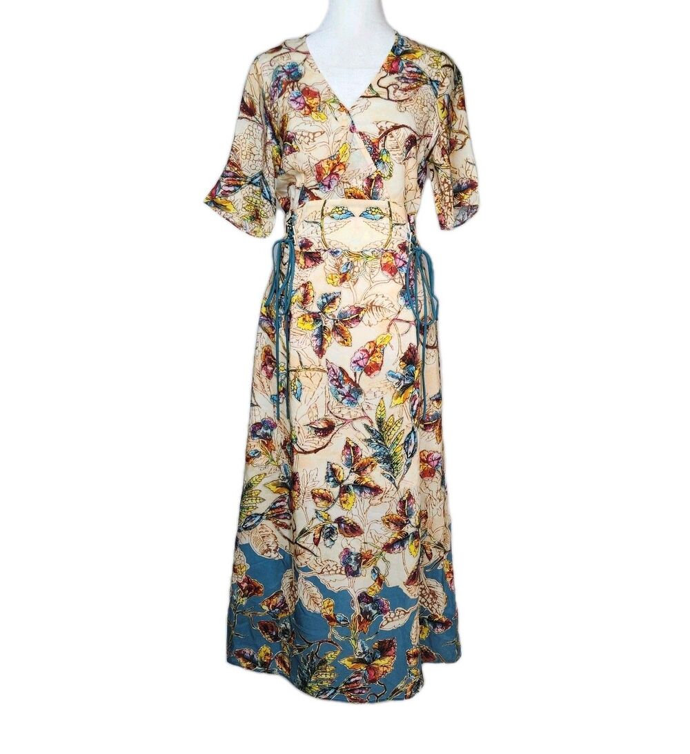 Silk Kimono Sleeve Side Tie Maxi Dress Small Botanical Print Fairycore Luxury